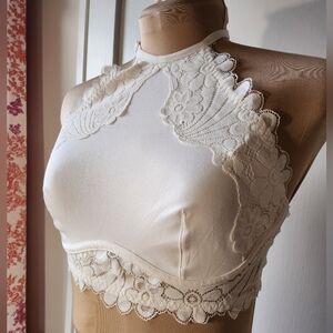 Colsie Cream Lace High-Neck Halter Bralette Crop Top